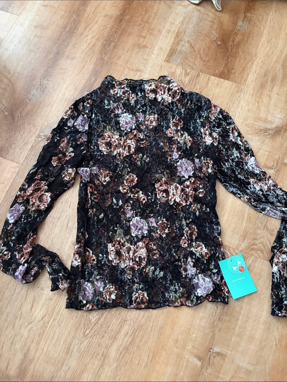 Black Floral Lace Long-Sleeve Blouse with Mauve and Brown Accents